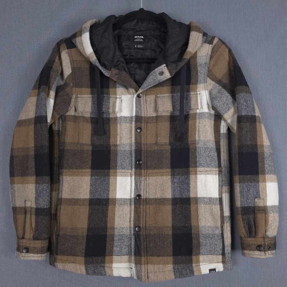 Prana Asgard Hooded Flannel Shirt Mens Small Plaid Wool Blend Snap Up Shacket - Picture 1 of 12